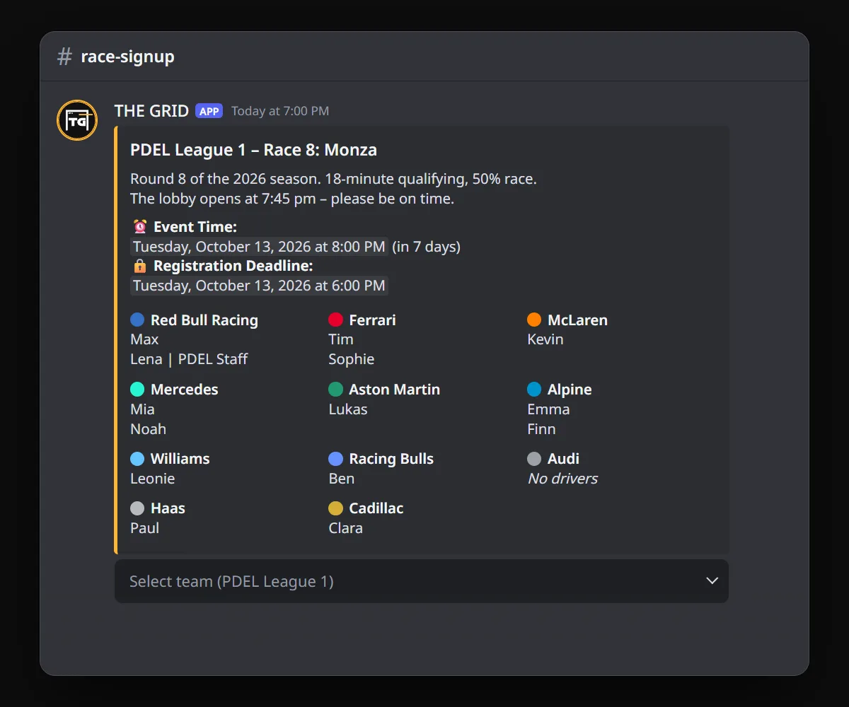 Event message in Discord with teams, drivers and the team selection