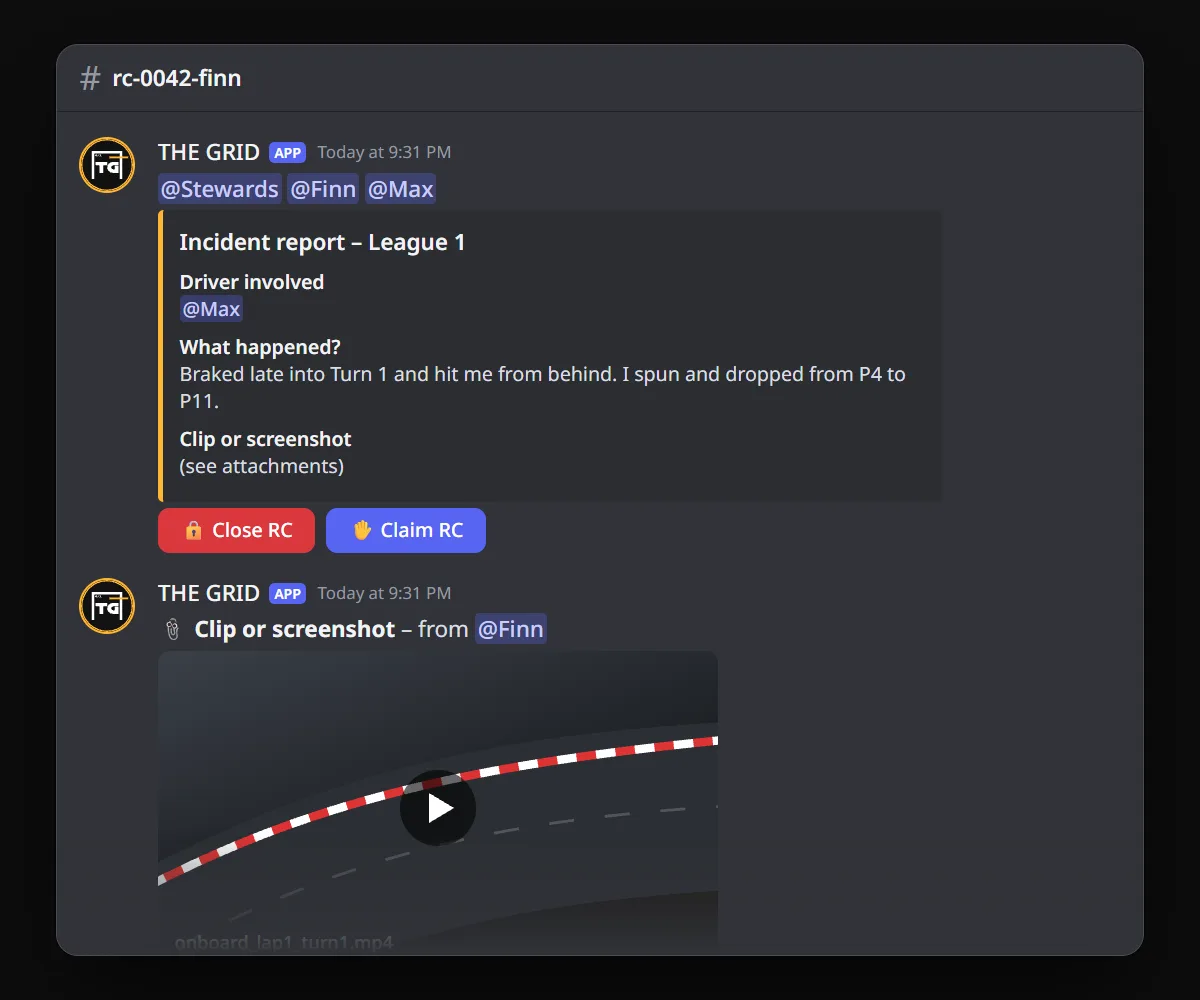 Race Control case in a private Discord channel with the report and the buttons to close and claim it
