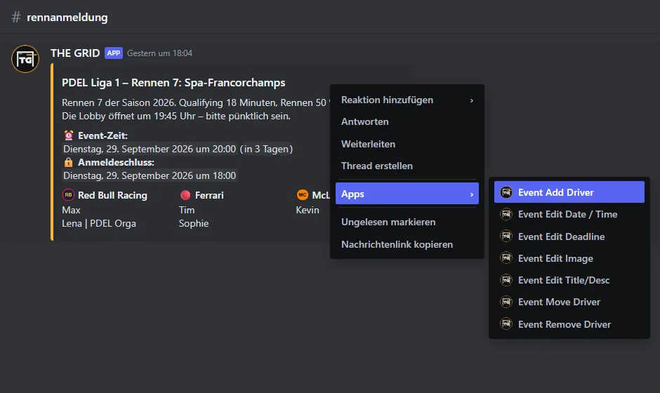 Kontextmenü einer Event-Nachricht mit dem Untermenü Apps und den sieben Befehlen