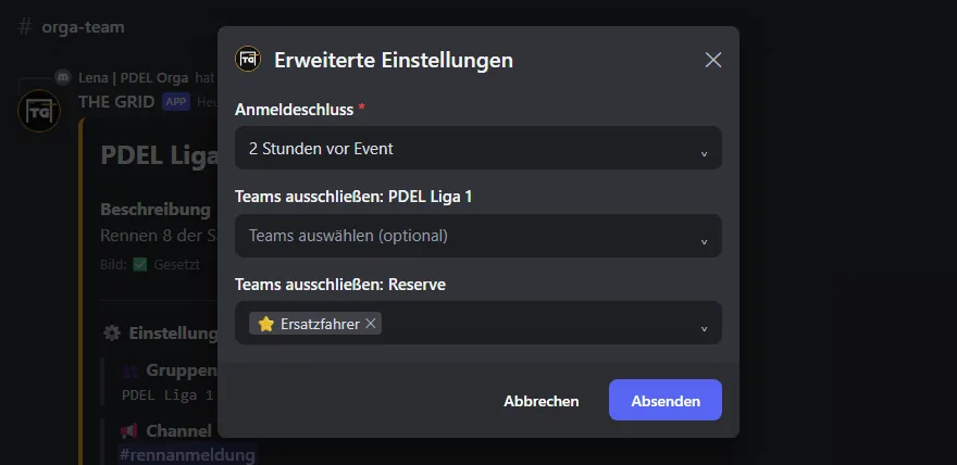Formular „Erweiterte Einstellungen“ mit Anmeldeschluss und zwei Team-Feldern