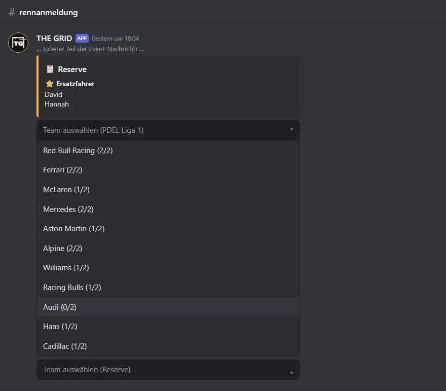 Geöffnetes Auswahlmenü „Team auswählen (PDEL Liga 1)“ mit der Belegung jedes Teams