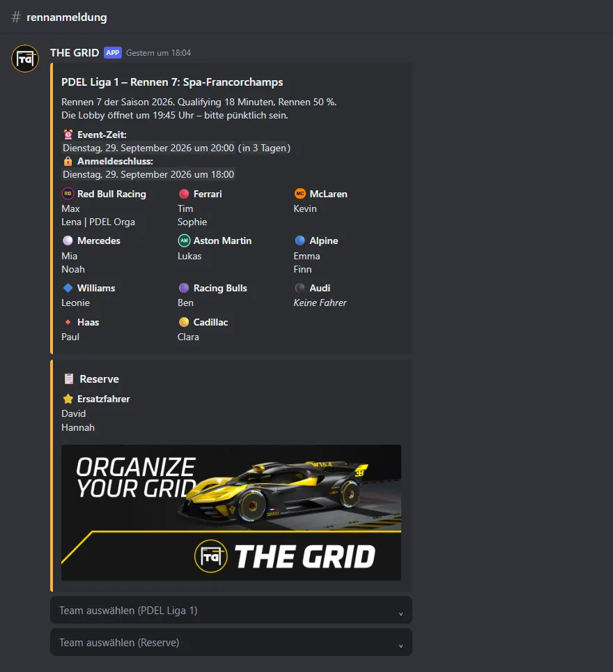 Event-Nachricht mit zwei Gruppen, Teams, angemeldeten Fahrern, Bild und zwei Auswahlmenüs