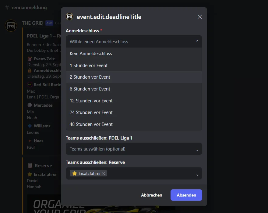 Formular für den Anmeldeschluss mit aufgeklappter Liste der Fristen