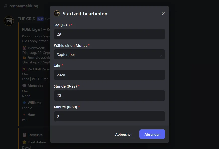 Formular „Startzeit bearbeiten“ mit fünf Feldern