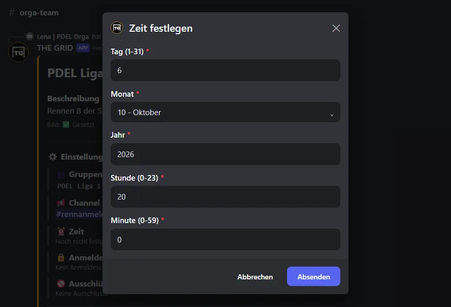 Formular „Zeit festlegen“ mit Tag, Monat, Jahr, Stunde und Minute