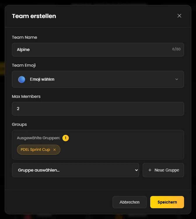 Das Fenster „Team erstellen“ mit Name, Emoji, Max Members und einer ausgewählten Gruppe