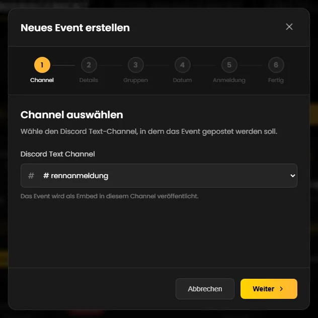 Schritt 1 des Assistenten: Auswahl des Discord-Textkanals