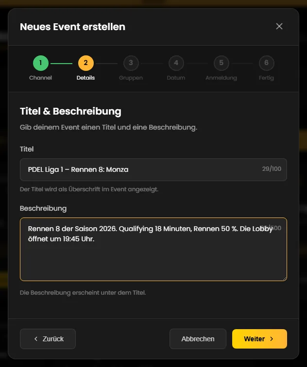Schritt 2 des Assistenten: Titel und Beschreibung