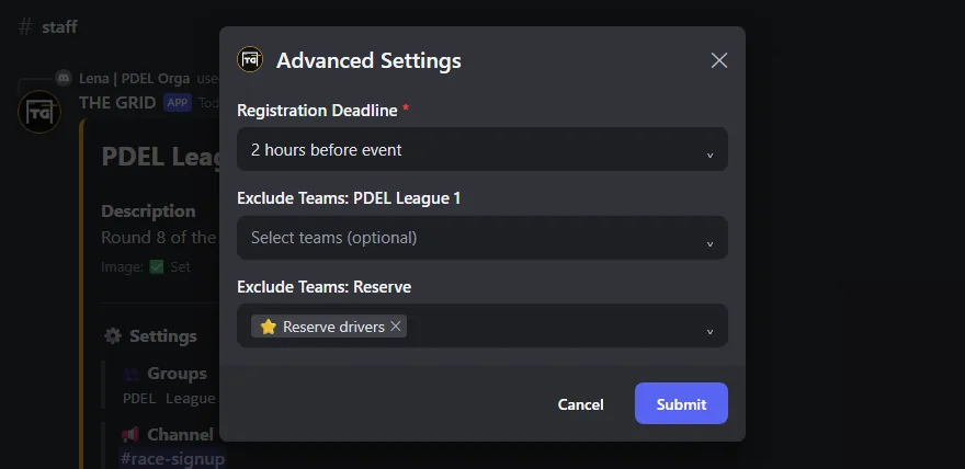 The Advanced Settings form with registration deadline and two team fields