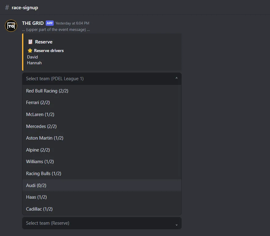 Open select menu “Select team (PDEL League 1)” with the places taken per team