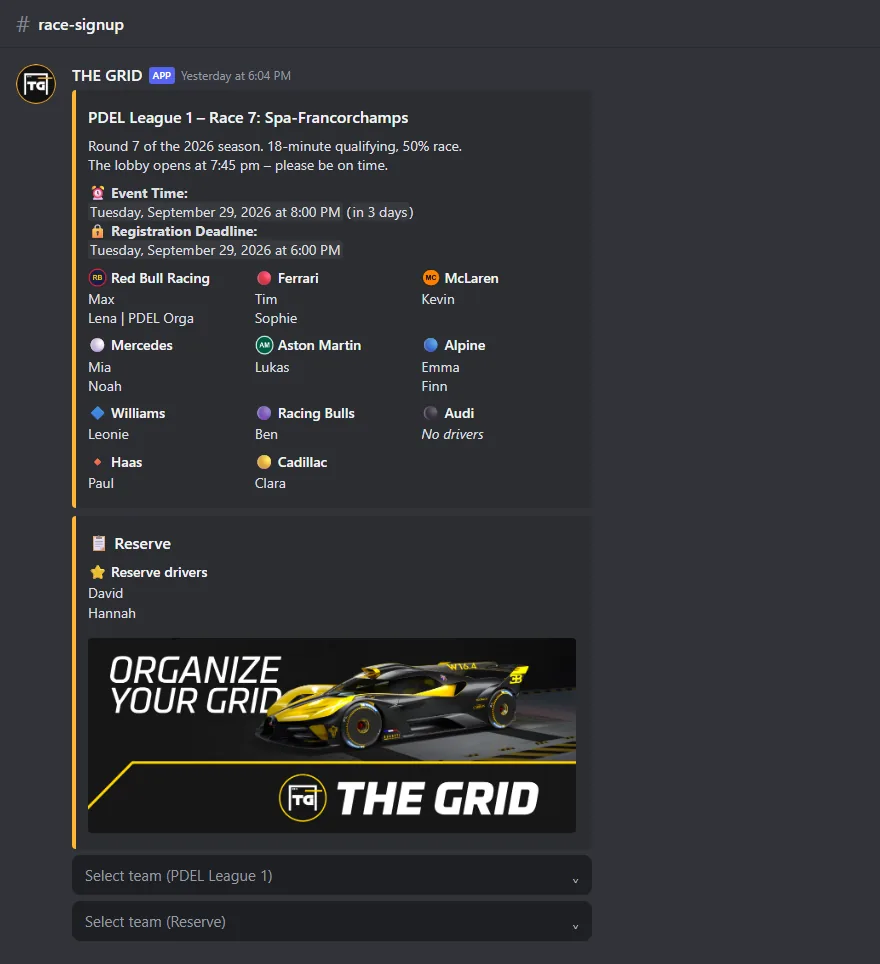Event message with two groups, teams, signed-up drivers, an image and two select menus