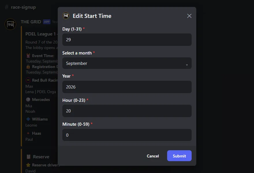 The Edit Start Time form with five fields