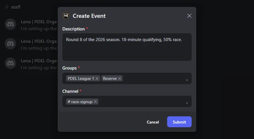 The Create Event form with description, two groups and channel
