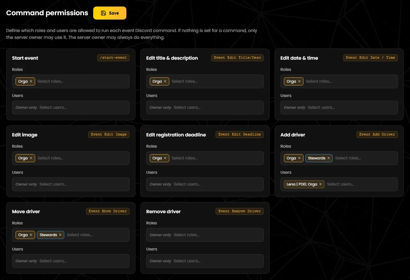 The “Settings” tab with eight cards under “Command permissions”