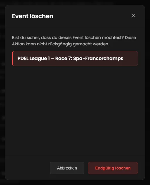 The “Event löschen” confirmation with the event title