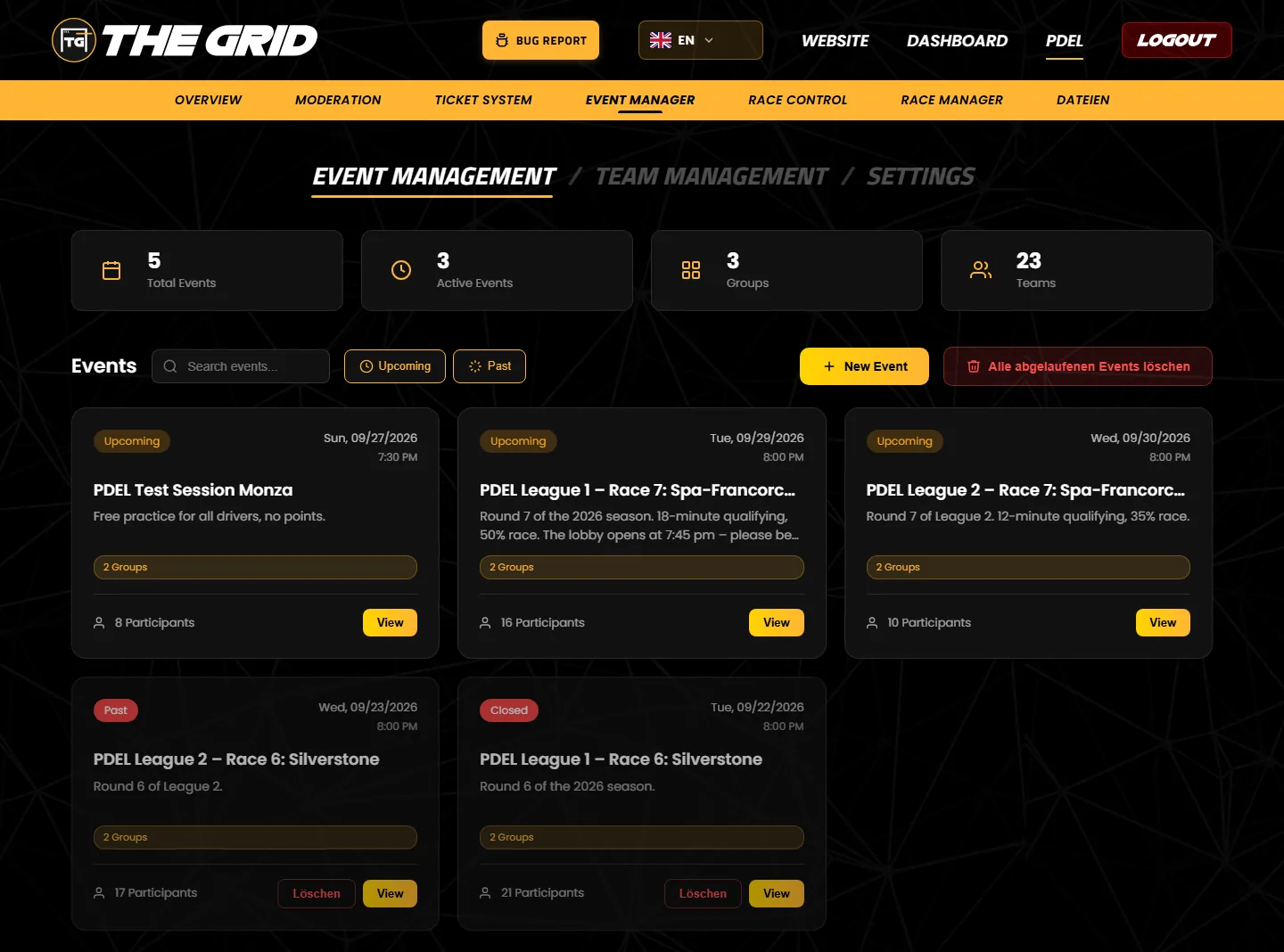 The Event Management tab in the dashboard with three tabs, four counters, filters and five event cards