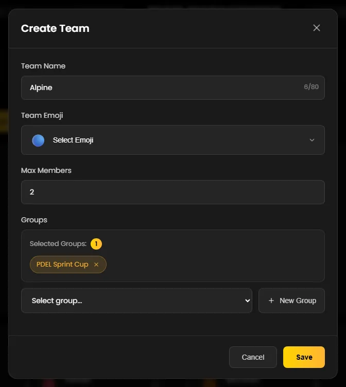 The “Create Team” window with name, emoji, Max Members and one selected group