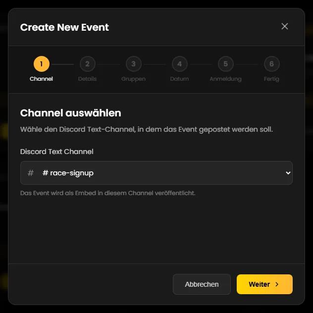 Step 1 of the wizard: choosing the Discord text channel