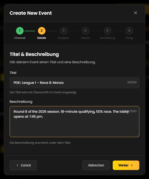 Step 2 of the wizard: title and description