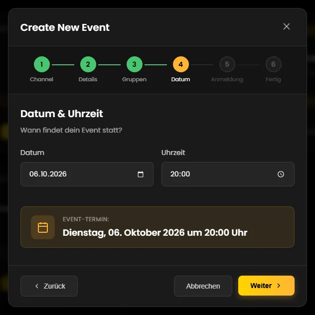 Step 4 of the wizard: date and time with the “Event-Termin” preview