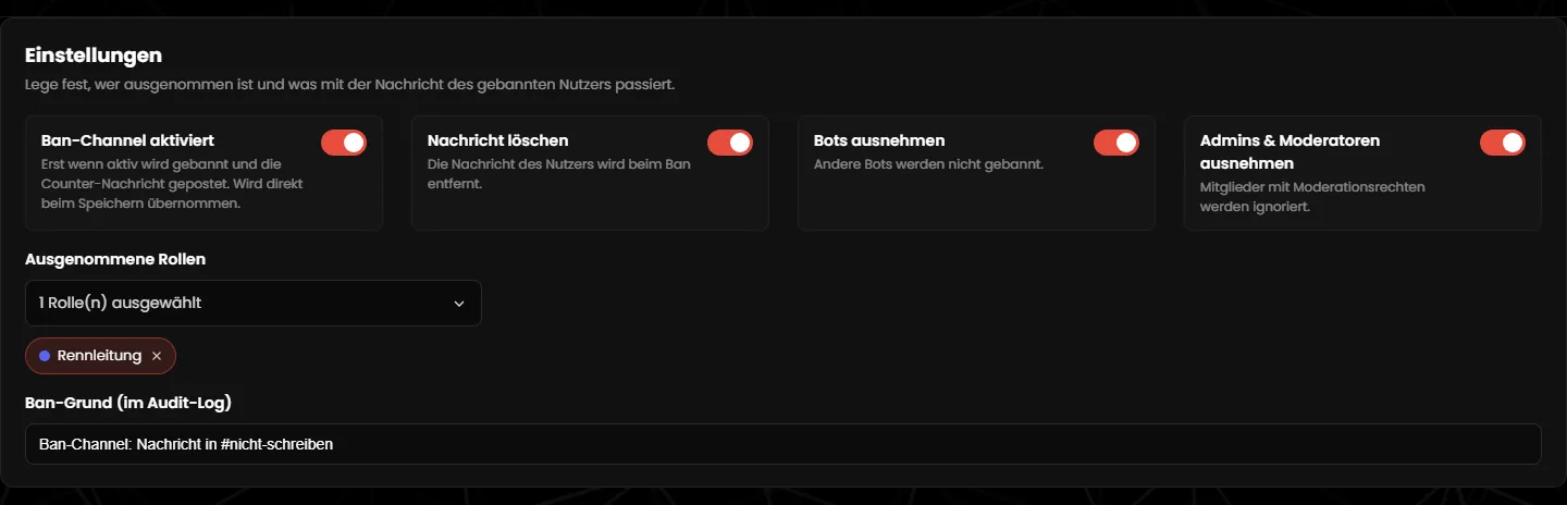 Karte „Einstellungen“ im Ban-Channel-Editor mit vier Schaltern, einer ausgenommenen Rolle und dem Ban-Grund