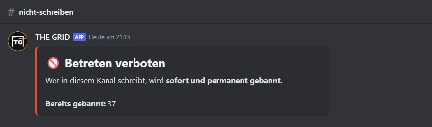 Zähler-Nachricht im Kanal #nicht-schreiben mit dem Titel „Betreten verboten“