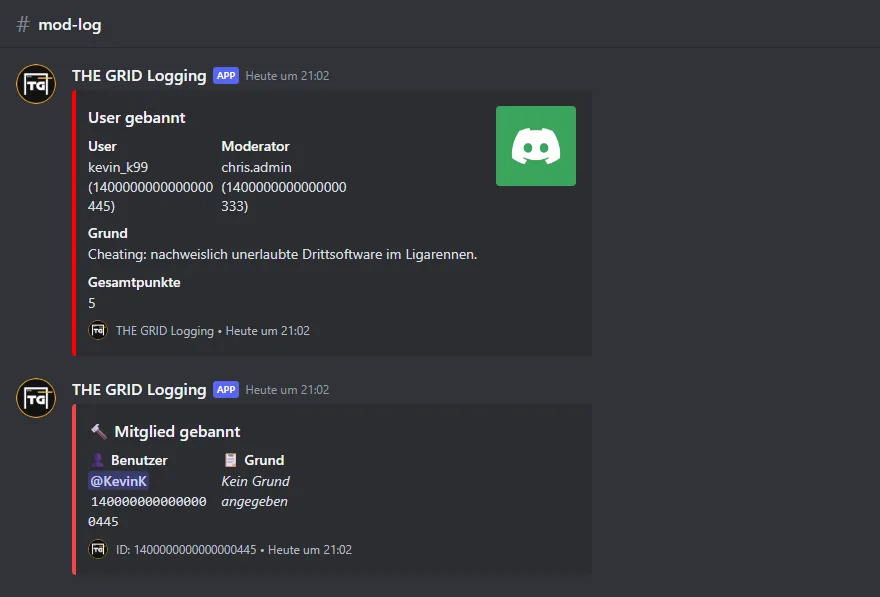 Zwei Log-Einträge nach einem Bann