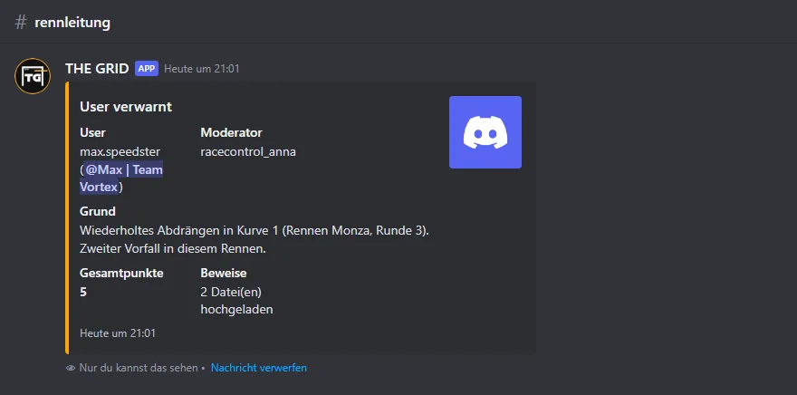 Bestätigung „User verwarnt“ in Discord