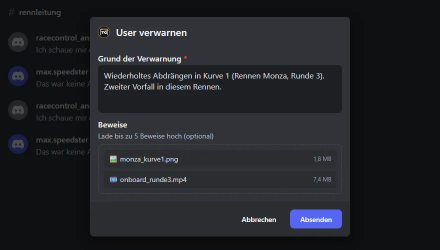 Formular „User verwarnen“ in Discord