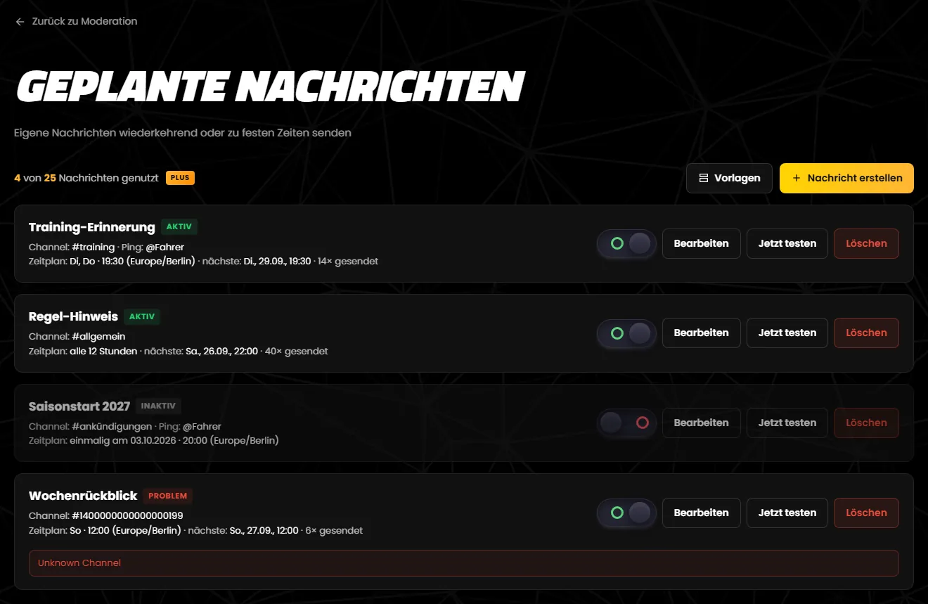 Die Seite „Geplante Nachrichten“ mit vier Nachrichten