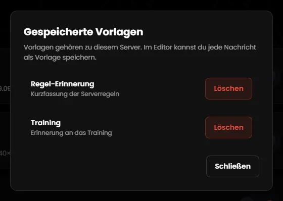 Fenster „Gespeicherte Vorlagen“ mit zwei Vorlagen