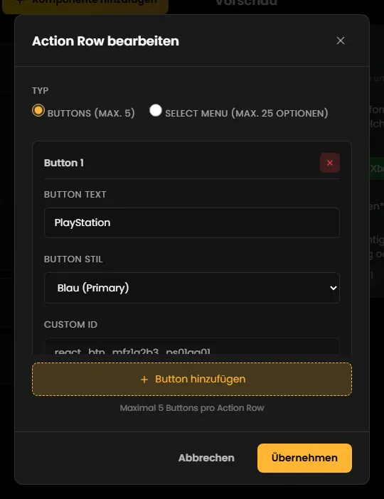 Dialog „Action Row bearbeiten“ mit dem Typ Buttons