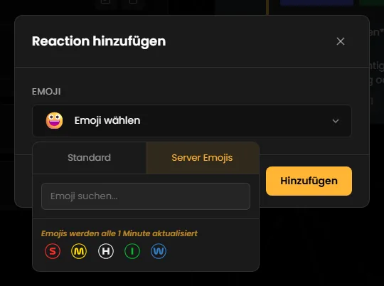 Dialog „Reaction hinzufügen“ mit geöffneter Emoji-Auswahl