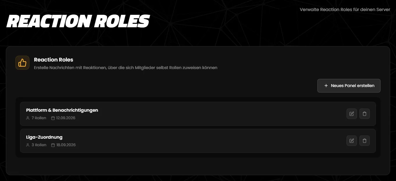Die Seite „Reaction Roles“ mit zwei Panels