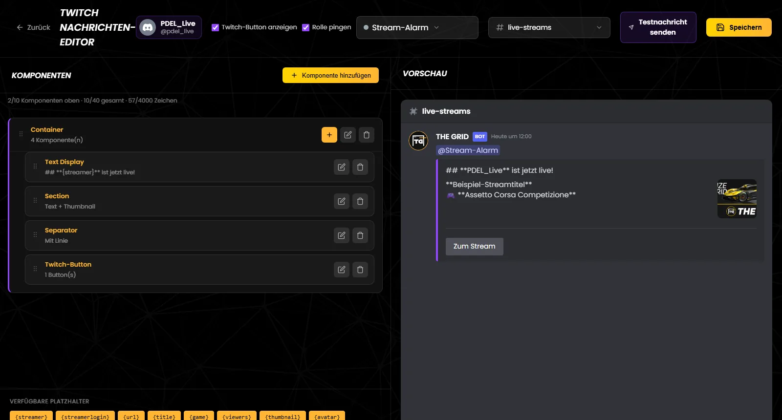 Der Twitch Nachrichten-Editor mit der Standardvorlage