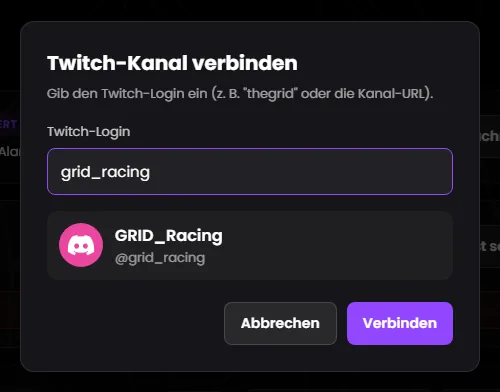 Fenster „Twitch-Kanal verbinden“ mit dem gefundenen Kanal GRID_Racing