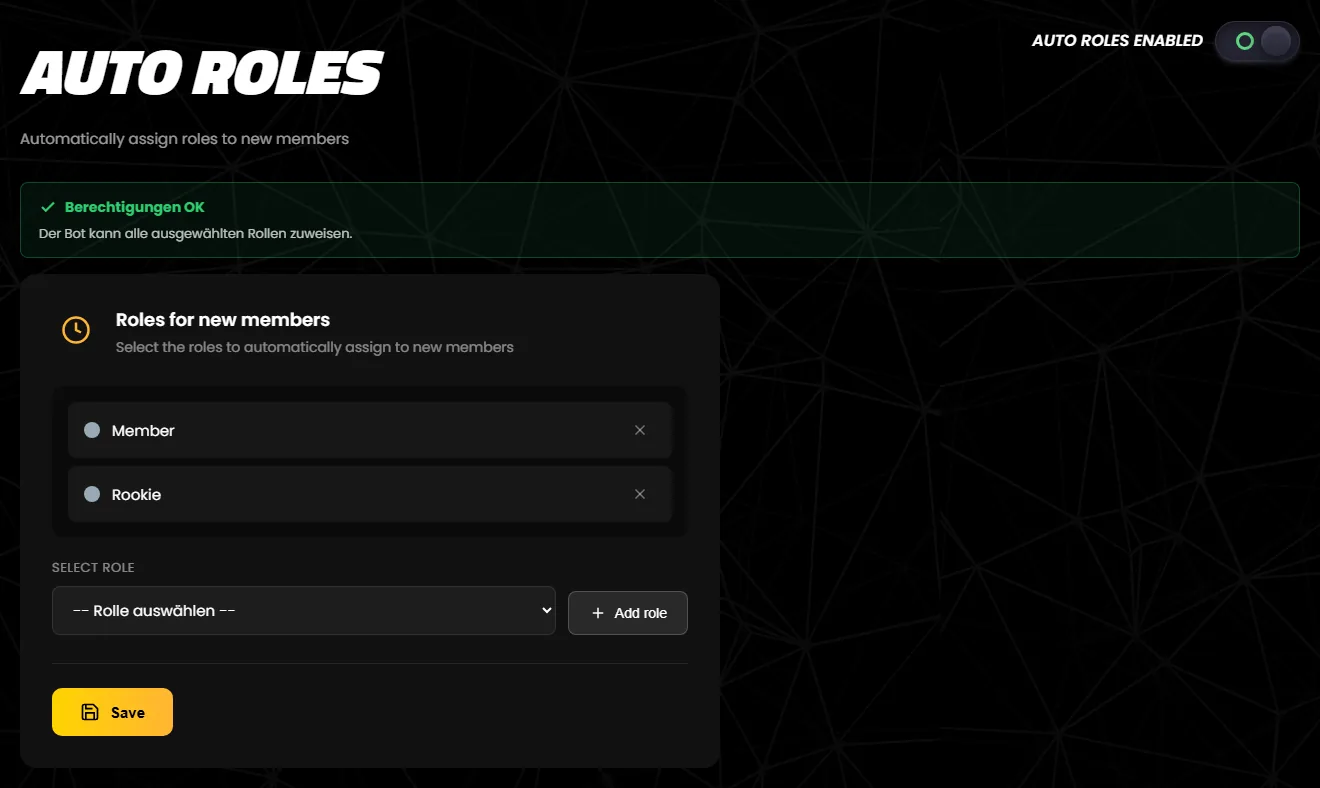 The “Auto Roles” page in the dashboard