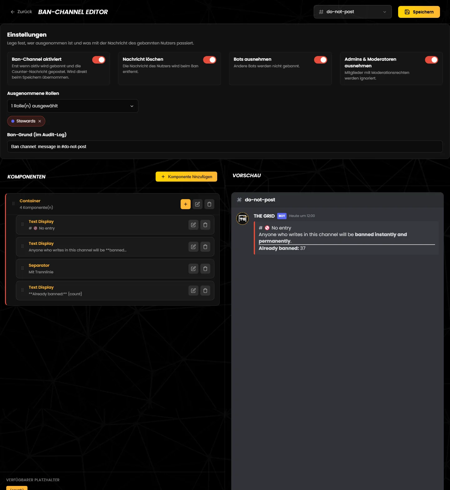 The ban channel editor with settings, component list and preview