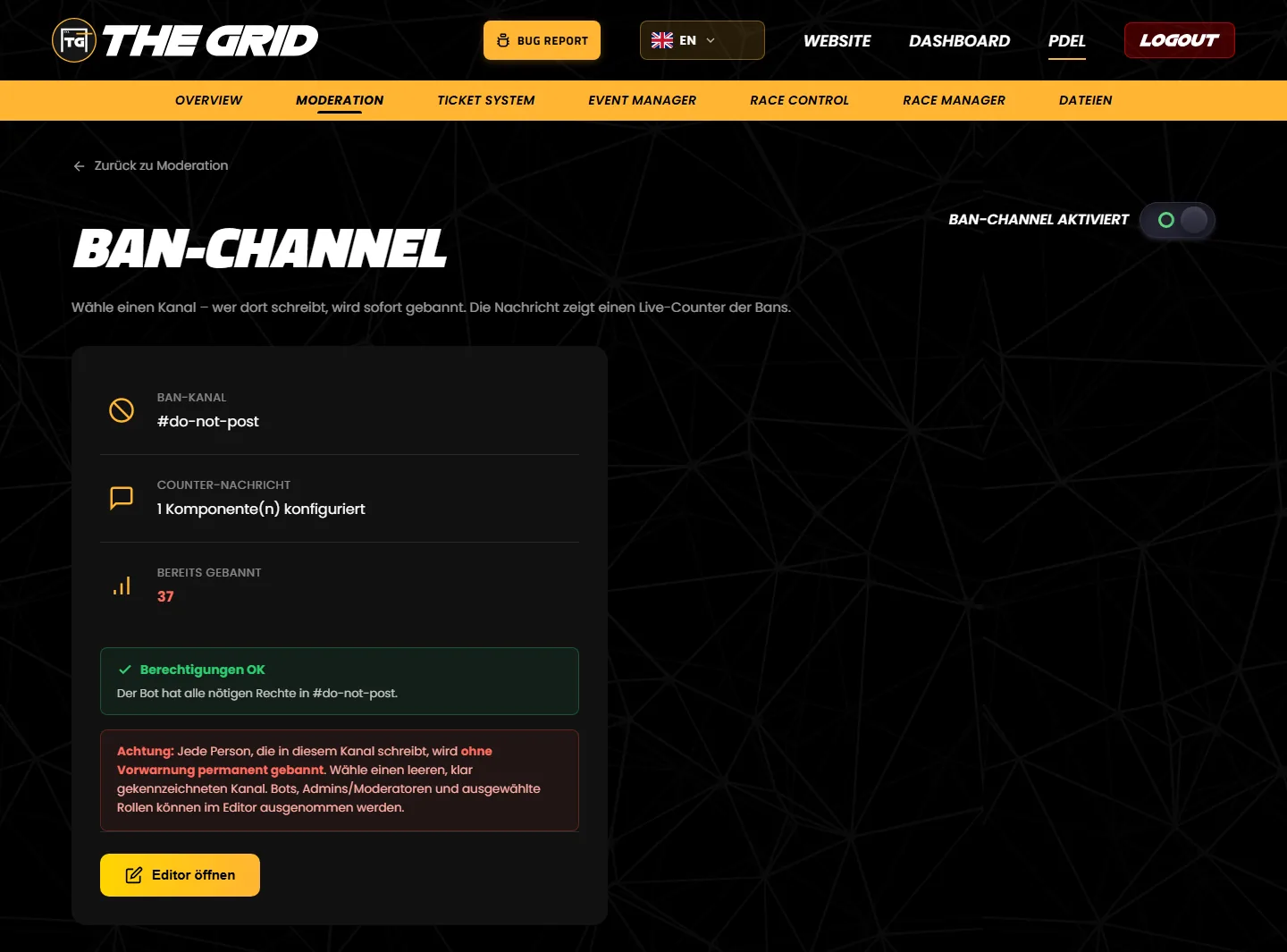 The “Ban-Channel” page with channel, counter message, number of bans and a green permission check
