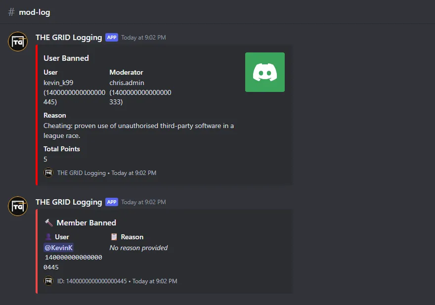 Two log entries after a ban