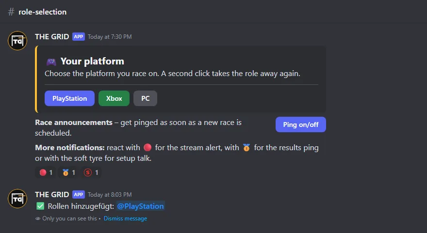 Panel with three buttons, a section button and three reactions, followed by the bot's reply