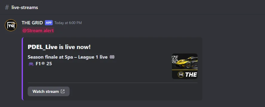 Mock-up of a live notification in the #live-streams channel