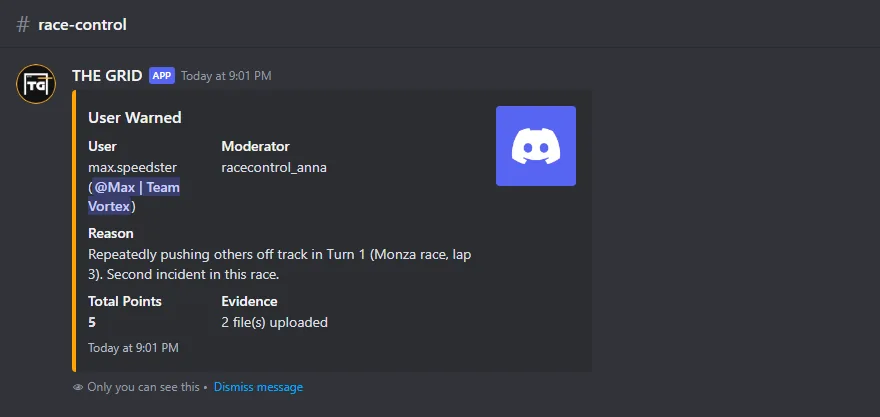 The confirmation “User Warned” in Discord