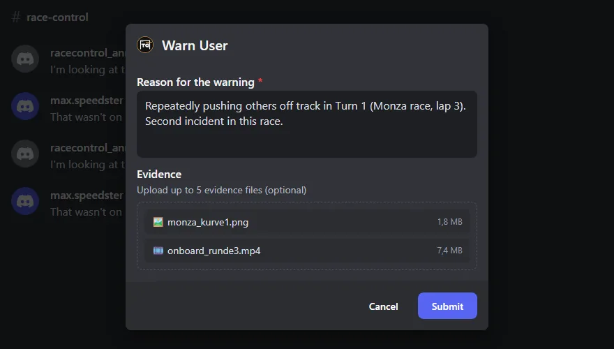 The “Warn User” form in Discord