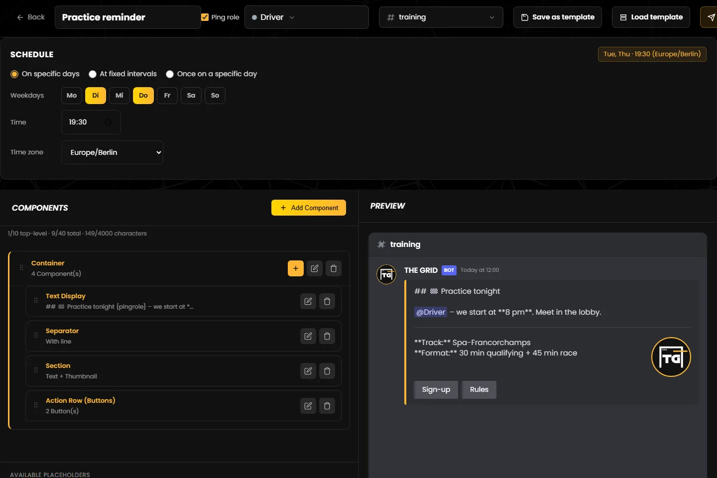 The editor of the practice reminder with schedule, blocks and preview