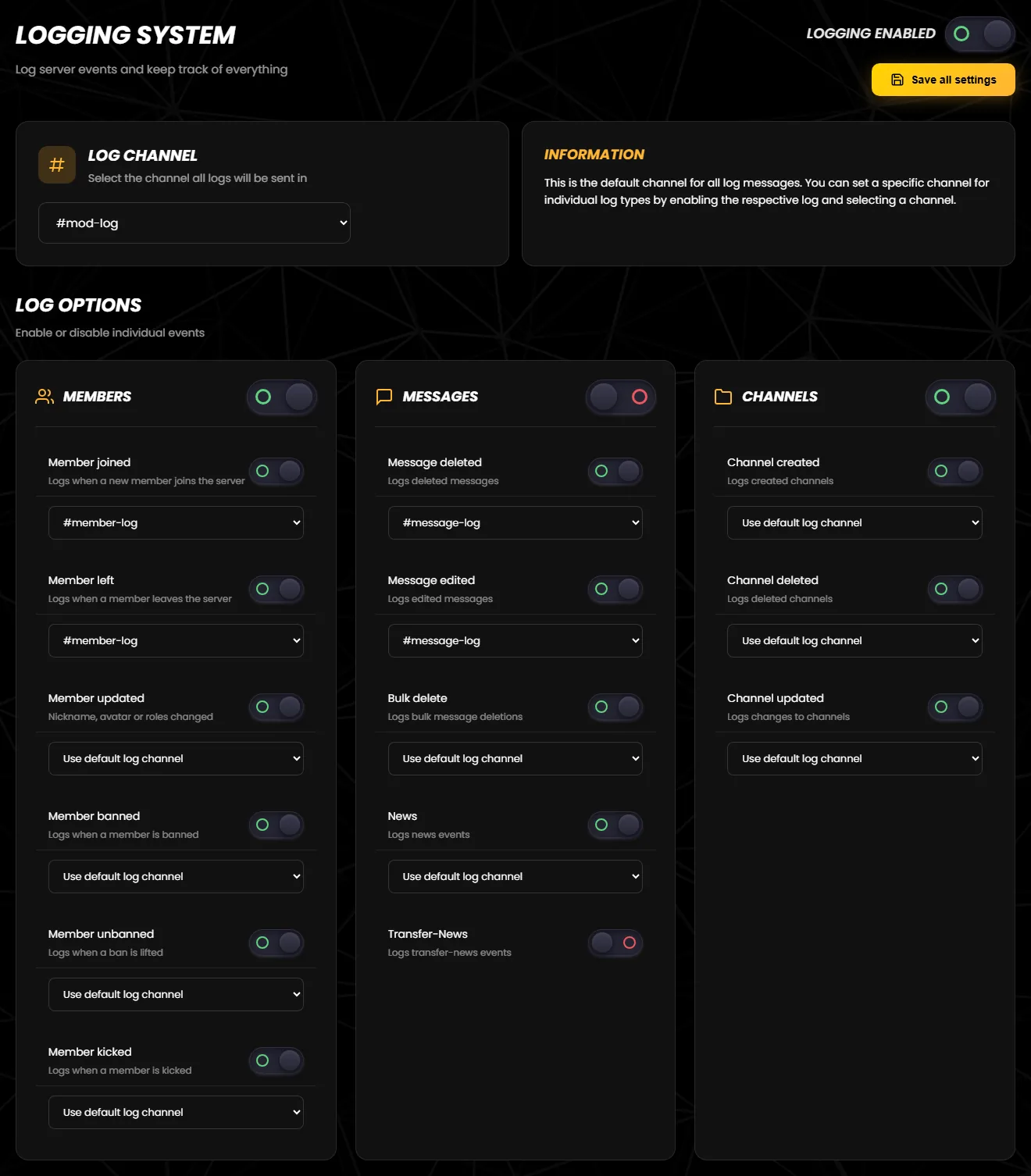 The “Logging System” page with the log channel and the Members, Messages and Channels categories