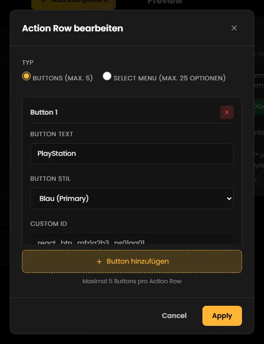 The “Action Row bearbeiten” dialog with the type Buttons