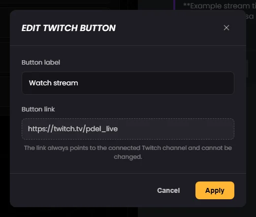 The “Edit Twitch button” window with label and fixed link