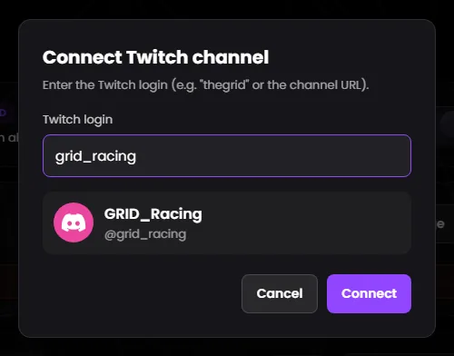 The “Connect Twitch channel” window with the channel GRID_Racing found