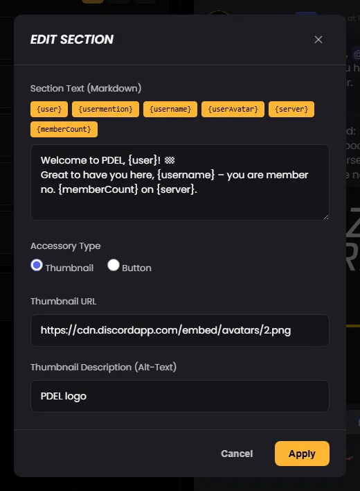 The “Edit Section” dialog with a thumbnail